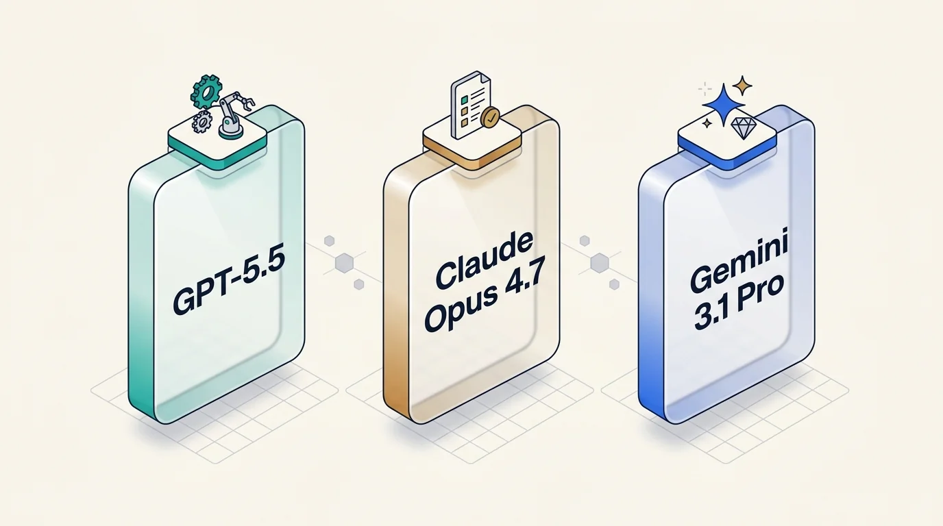GPT-5.5 vs Claude Opus 4.7 vs Gemini 3.1 Pro hero illustration: three glassmorphic isometric pillars labeled with each model name, with autonomous agent gears, document and checklist, and sparkle and diamond icons representing each model's strength