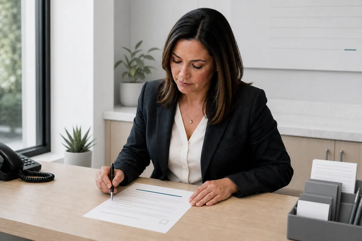 A fictional clinic operator reviewing call rules at a front desk