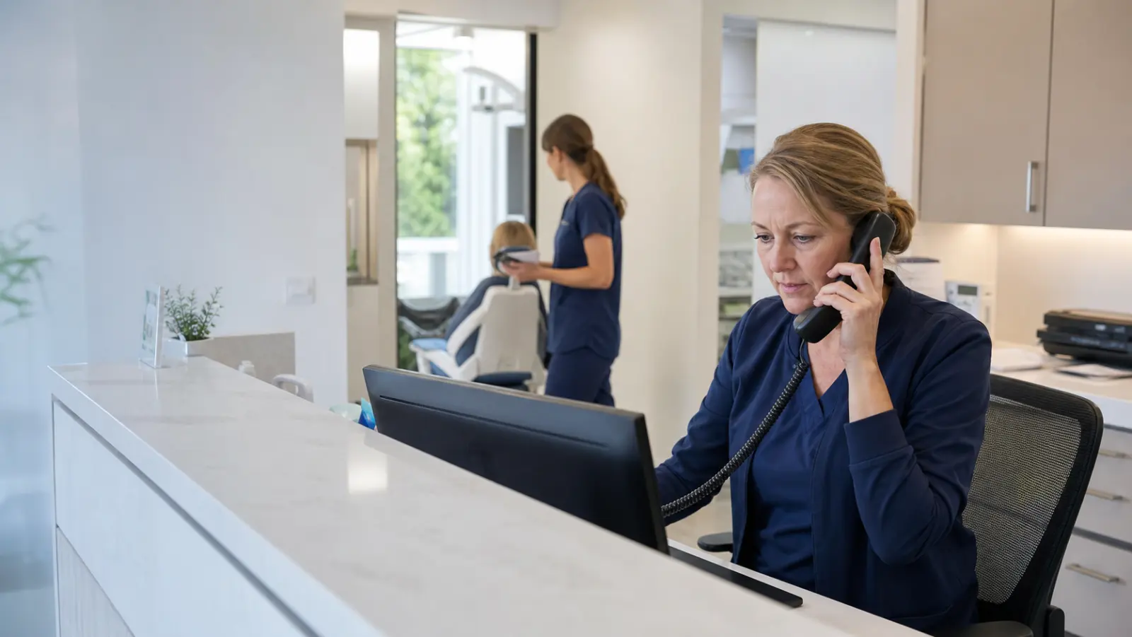 An office manager in navy scrubs takes a phone call at a dental front desk while a clinical team member helps a patient in the treatment room behind her.
