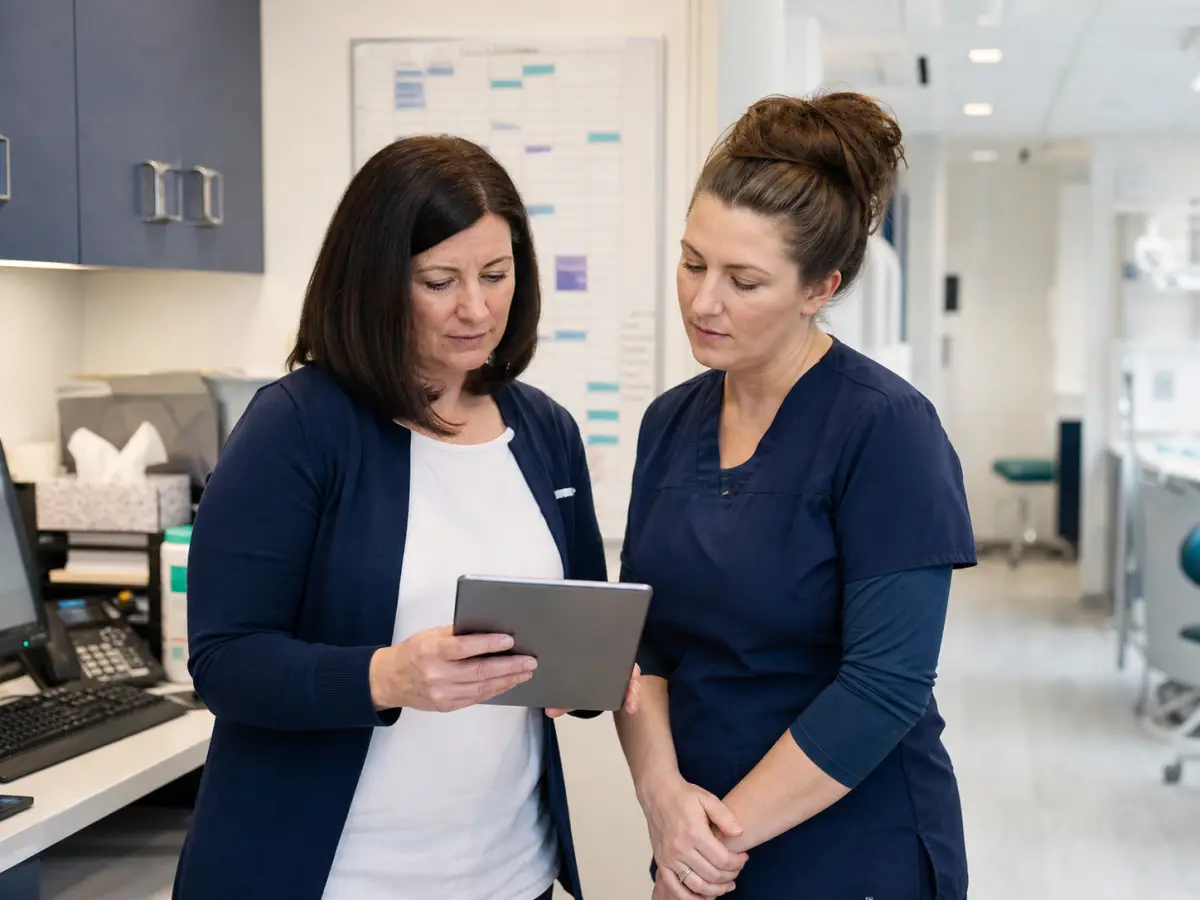 Two dental staff members in navy stand at a workstation and review a schedule together on a tablet, with a color-coded appointment board on the wall behind them.