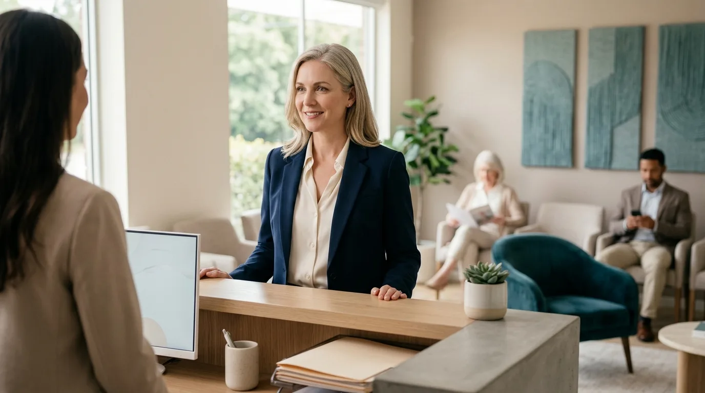 A practice manager at the front desk of a calm, modern specialty clinic