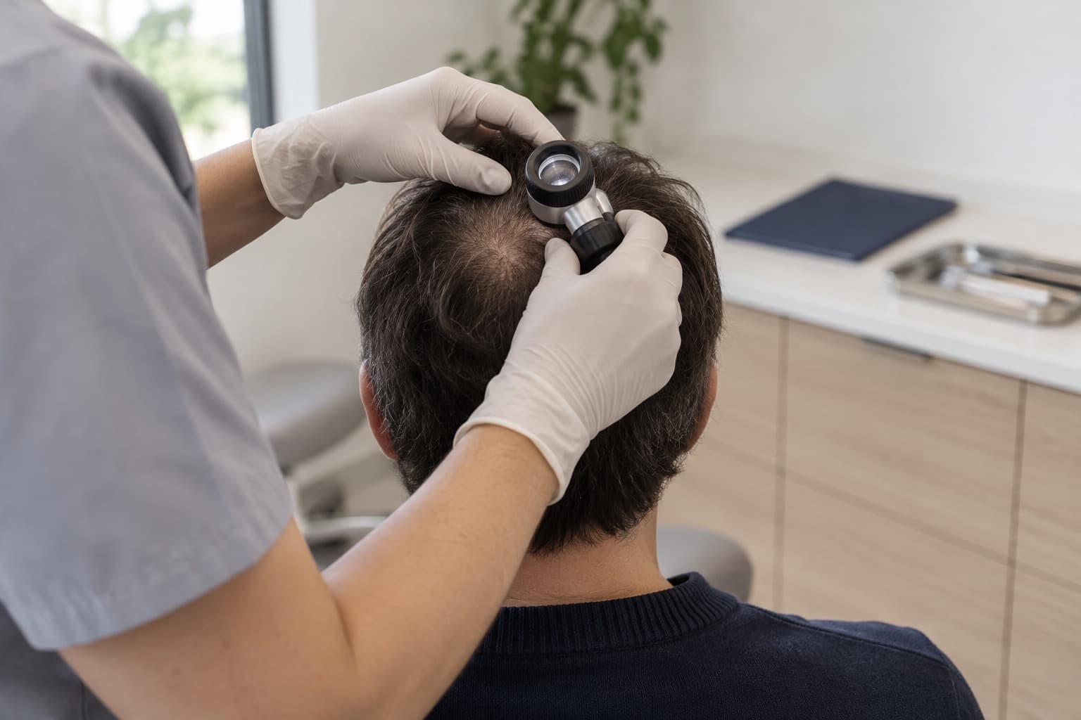A clinician parts a patient's hair at the crown with a handheld scalp magnifier