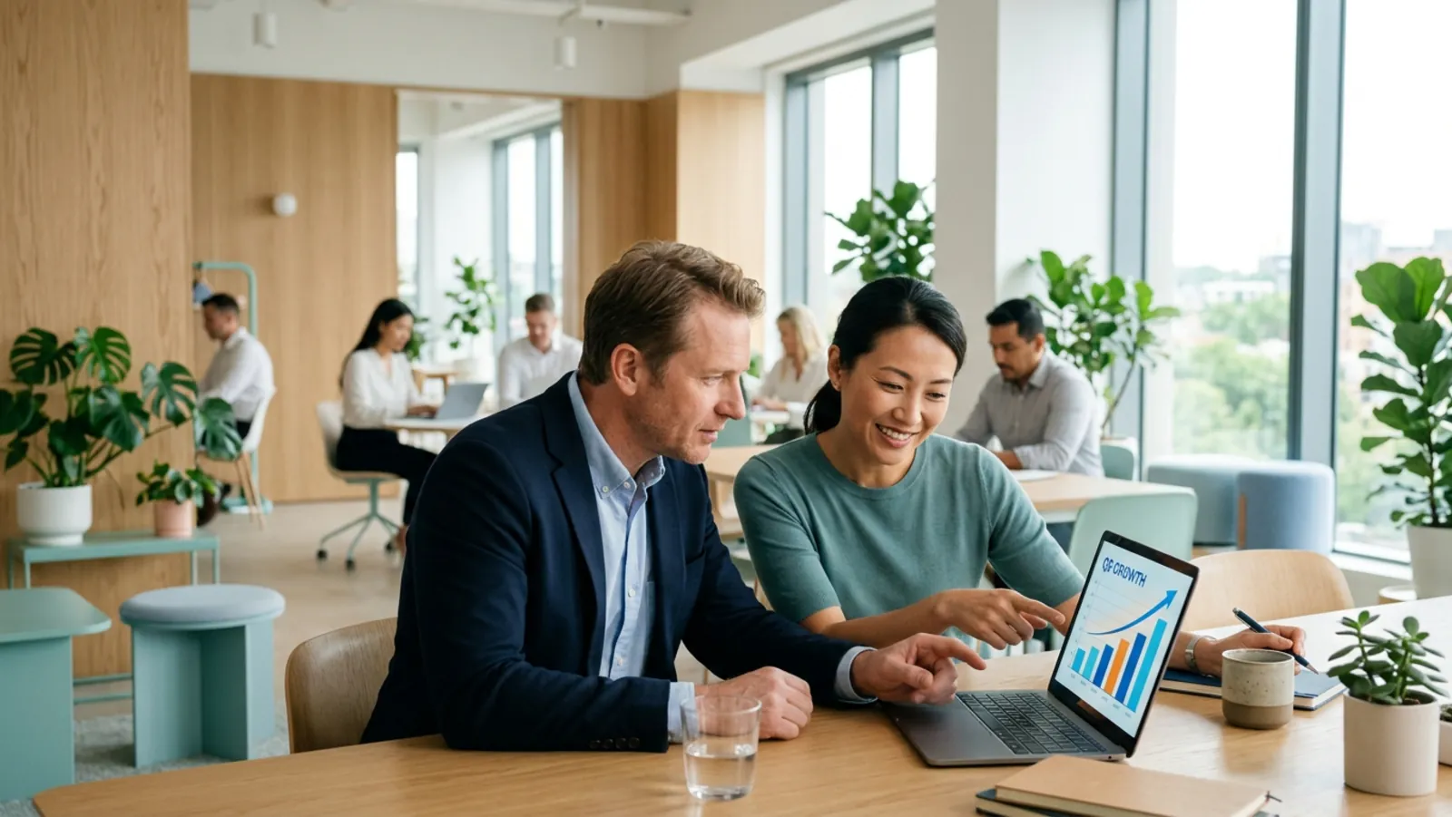 A growth team reviewing performance in a modern office