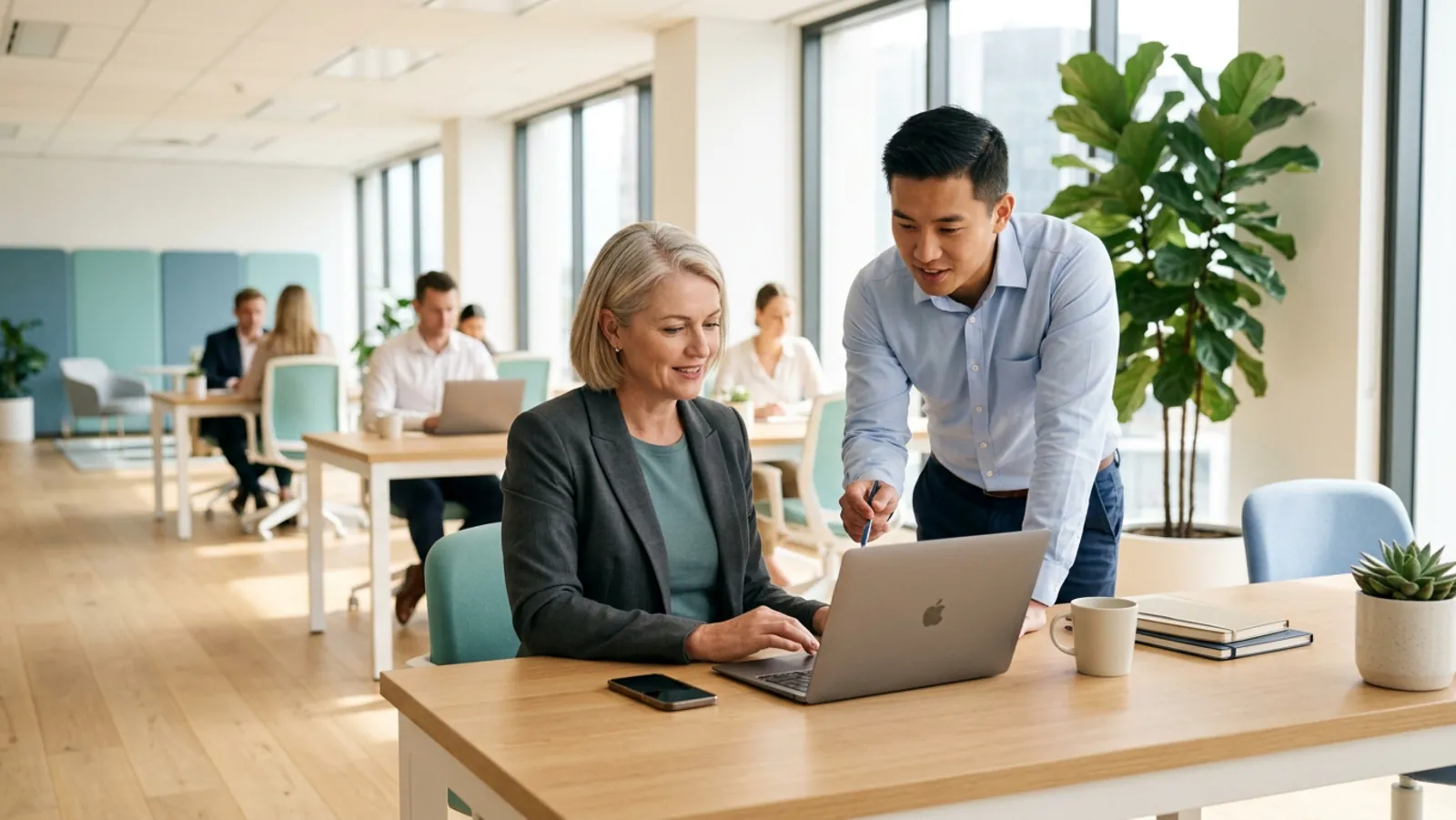 A home-services operator reviewing the day's schedule at a desk in a modern office