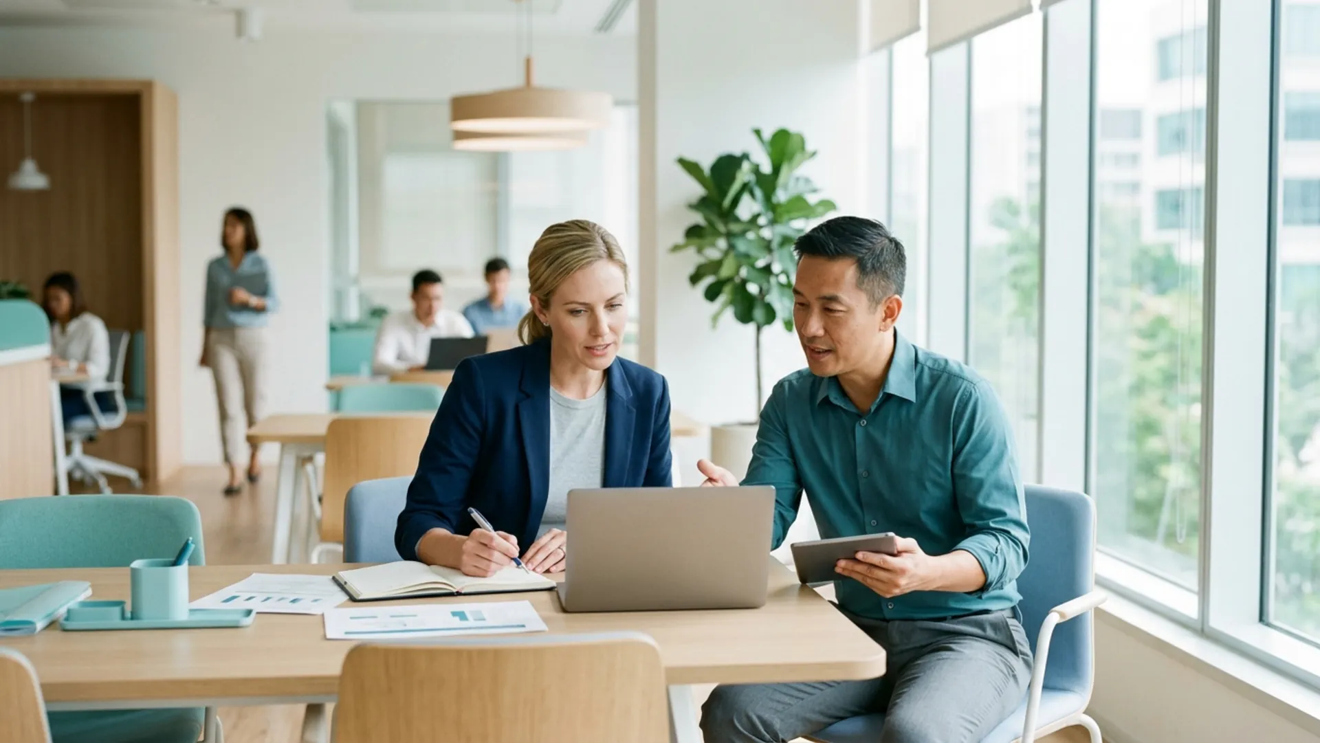 Two healthcare-team colleagues reviewing work together in a bright, modern office